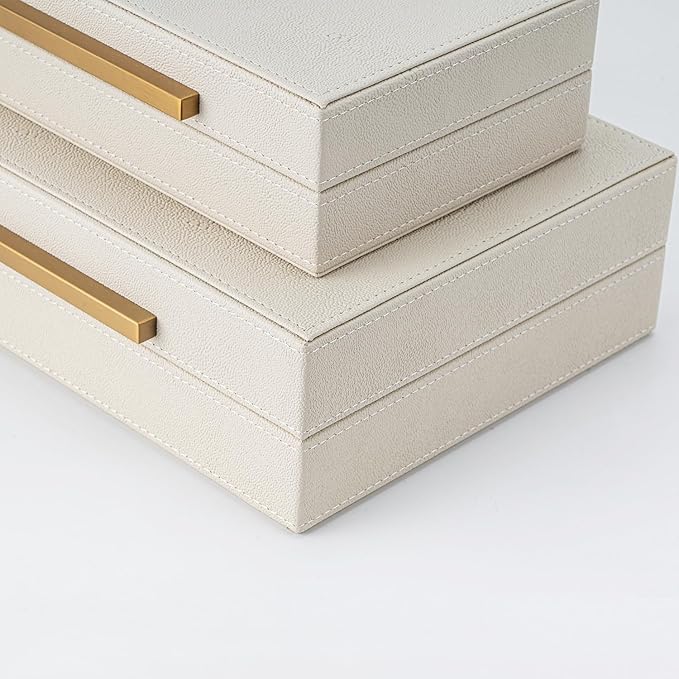 Faux Leather Large Modern Stackable Nesting Jewelry Box with Lids Organizer – Set of 2 Beige Shagreen Decorative Storage Boxes with Gold Metal Handles