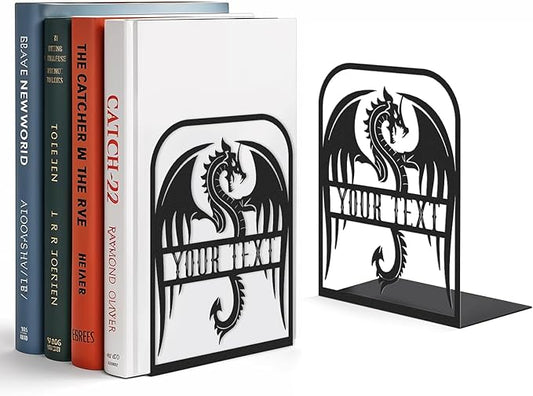 Personalized Name Bookends for Shelves, Unique Dragon Metal Book Ends Decorative, Non-Slip Book Stopper, Metal Fantasy Bookshelf Decor for Home Office Study Room, Customized Gifts Color05