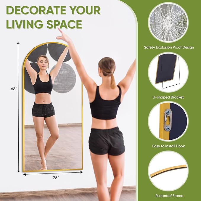 Full-Length Floor Mirror with Stand, 68"x26" Arched Style Full Body Standing Mirror for Bedroom, Living Room, Gym, Dorm - Shatter-Resistant & Easy Assembly, Gold