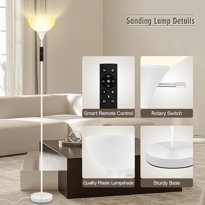 Floor Lamps for Living Room, 71'' Torchiere Floor Lamps with Remote, 2700K-6500K Colors Temperature & Brightness Adjustable, 10W/1200LM White Dimmable Floor Lamp,Tall Standing Lamp for Bedroom/Office