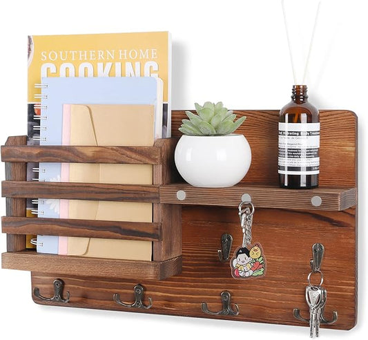 Decorative Key Hanging Rack with 10 Hooks – Easy Install Natural Wooden Key and Mail Holder for Wall Mount – Entryway Decor Rack with Shelf (Brown)
