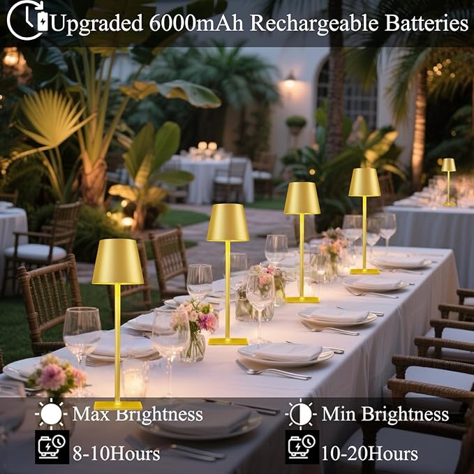 2 Pack Gold Cordless Table Lamps-6000mAh Rechargeable Lamps,Led Tabletop Lighting Outdoor Table Lights for Outside Patio/Restaurant/Dining Table/Kitchen Countertop/Home,Gold Desk Lamp