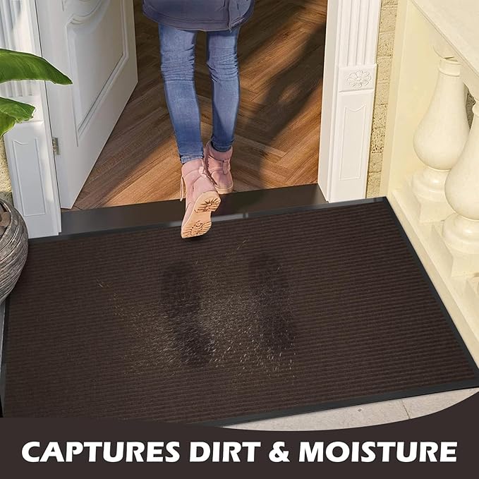 30" x 18" Heavy Duty Front Door Mat | Weather-Resistant (Fade & Waterproof) | Low Profile Indoor Outdoor Doormat | Non-Slip Entryway Mat for Home, Patio & High Traffic Areas, Brown
