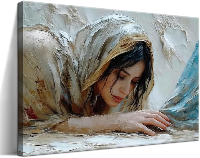Christian Jesus Girl Canvas Wall Art, Jesus and Woman Wall Decor Paintings, Religion Bible Posters Prints Pictures Artwork for Church Living Room Bedroom Home Decor 16x24 Inch Framed