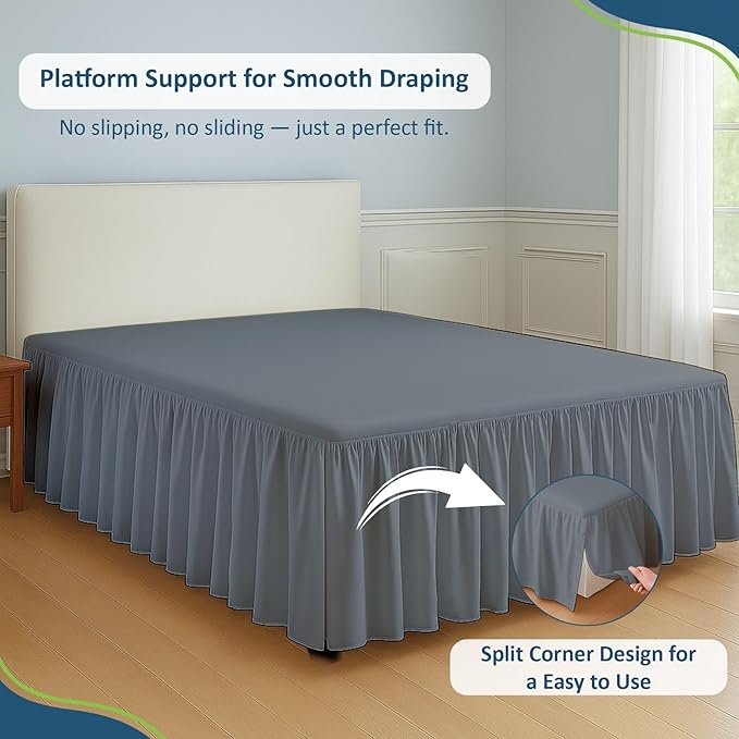 Rajlinen Ruffled Bed Skirt California King, 12 Inch Drop Dust Ruffle with Split Corners, 100% Microfiber Bedskirt with Platform, Three-Sided Coverage Ruffled Gathering Design, Dark Grey