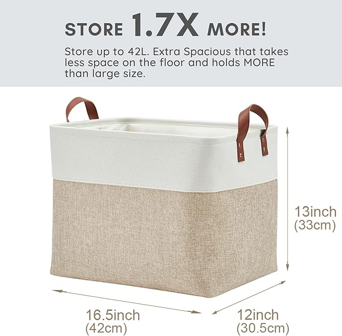 DECOMOMO Large Fabric Storage Baskets - Linen Closet Storage Bins with Handles for Laundry, Clothes, Home, Office (Beige & White, XXL - 3 Pack)