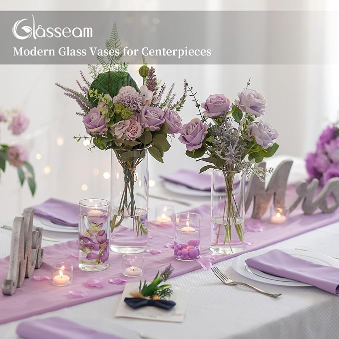 Glasseam Cylinder Glass Vases for Centerpieces: 12 Pack Clear Flower Vase Bulk 4" 6" 8" 10" Hurricane Floating Pillar Candle Holder - Modern Centerpiece for Wedding Dining Home Table Decor