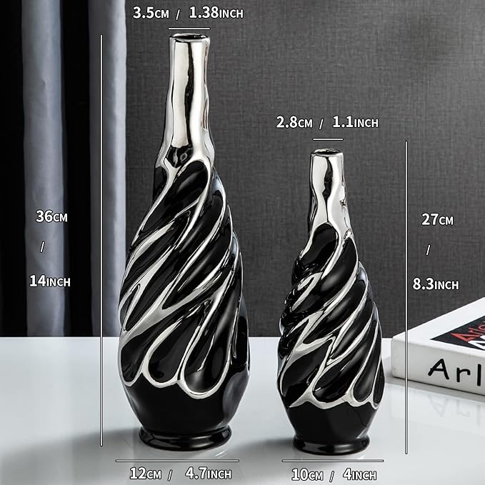 Yundu Black with Silver Pampas Grass Vase Set of 2 - Ideal for Living Room, Shelf, Coffee Table Décor, Boho & Modern Centerpieces Flowers Vases