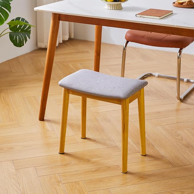 IBUYKE Saddle Cushion Vanity Stool Chair, Foot Rest Stool with Solid Wood Legs, Modern Vanity Bench Ottoman for Piano, Upholstered Seat for Bedroom, Entryway, Wooden Legs&Light Gray WBD007NG