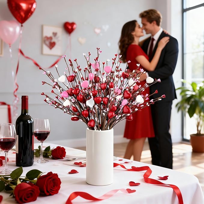 Yunfan 6Pcs Valentines Day Decorations Valentines Decor Red Pink White Heart Shaped Berry Picks Artificial Flowers for Valentines Day Gifts Wedding Home Decor 17in