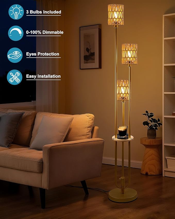 Lightdot Dimmable Boho Floor Lamps for Living Room, 3-Lights Rattan Floor Lamp with Shelves, 3000K Warmwhite Farmhouse Floor Lamp Candle Holder Style, Rustic Gold Standing Lamp with Bulbs Included