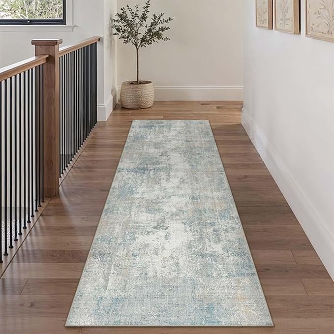 WondRg 3x10 Washable Runner Rug Blue Cream Abstract Hallway Kitchen Throw Rug Neutral Modern Non Slip Soft Low Pile Lightweight Carpet for Bathroom Laundry Bedroom Living Room