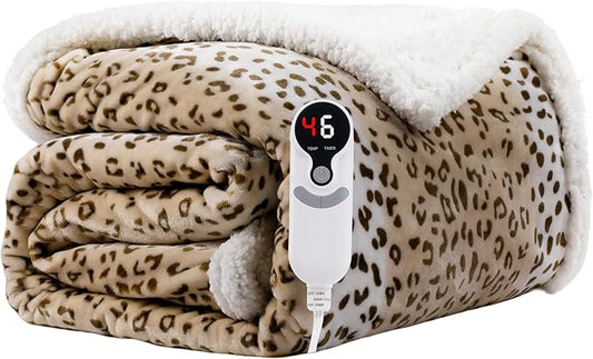 Electric Heated Blanket Full Size 72"x84" - Microplush & Sherpa Fabric Dual-Sided, 9 Heat Settings & 10 Hours Auto Off, Cozy Warming Throw for Office or Bed, Machine Washable, Beige Leopard Print