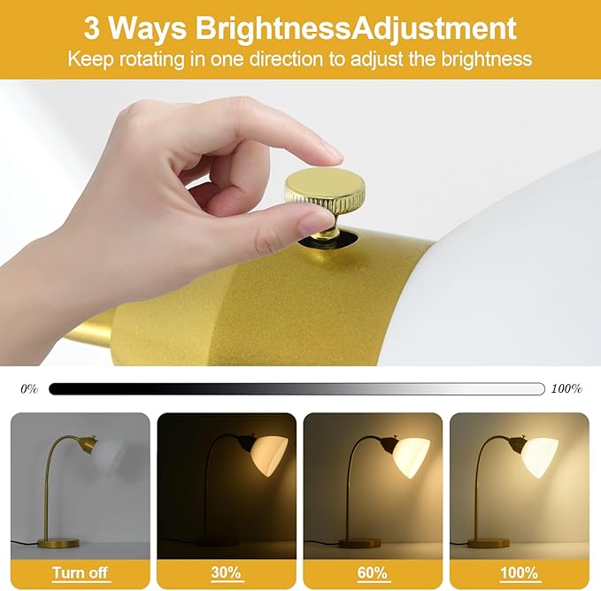 LED Desk Lamp for Home Office, 3 Levels Dimmable Reading Light, Flexible Table Lamp for Bedside Office, Rotary Switch Control, Desk Lamp for College Dorm Study Lamp, Bulb Included, Gold