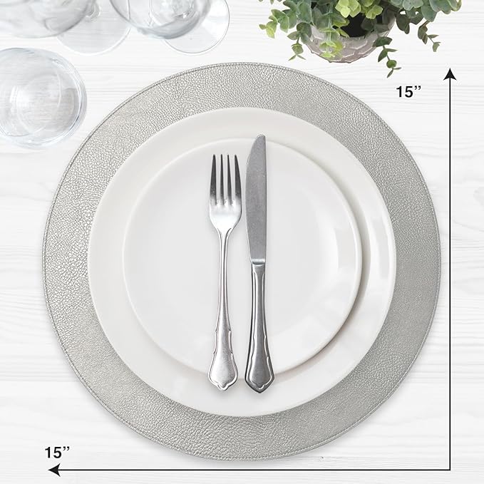 Placemats Set of 6 – Round 15” Faux Leather Table Mats for Dining, Heat Resistant & Non-Slip Washable Table, Indoor, Outdoor, Dining Table Set for 6, Modern Kitchen & Holiday Use, Silver