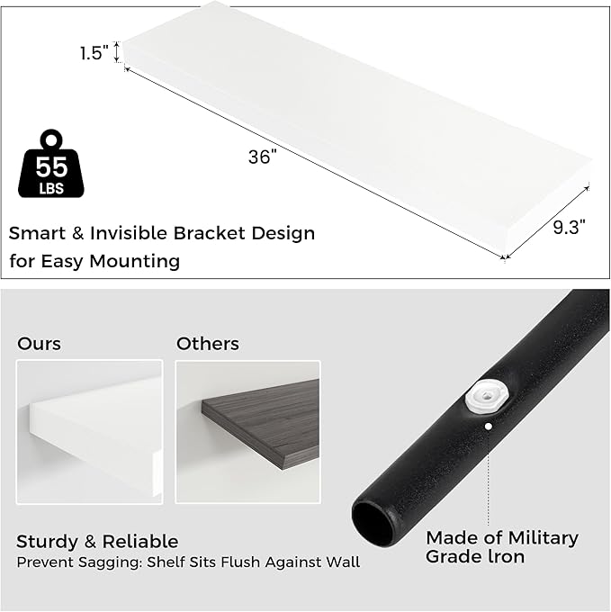 Floating Shelves for Wall, Engineered Wood Wall Shelves with Invisible Brackets for Living Room Bedroom Bathroom Office Kitchen Decor and Storage (White, 36" W x 9" D x 1.5" H) Set of 2