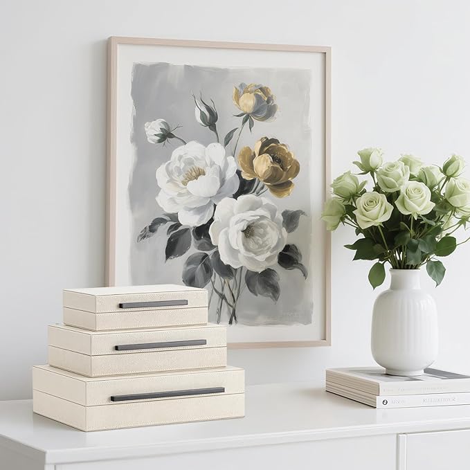 Set of 3 Beige Shagreen Decorative Storage Boxes with Black Metal Handles –Faux Leather Large Modern Stackable Nesting Jewelry Box with Lids Organizer