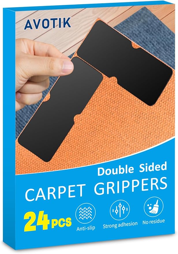 Avotik Rug Gripper for Hardwood Floors: 24 PCS No Damage Rug Tape - Anti Slip Rug Grips for Area Rugs – Secure Carpet Tape for Wood Floors, Safe & Strong Hold
