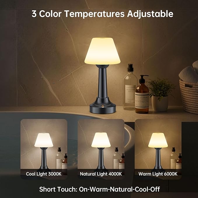 TRRMEZY Cordless Shower Lamp Waterproof, 18-Hour Rechargeable Battery Operated Outdoor Lamp, Dimmable Touch Table Lamp, IP65 Wireless LED Night Light for Bathroom Patio Camping Restaurant Bar Home
