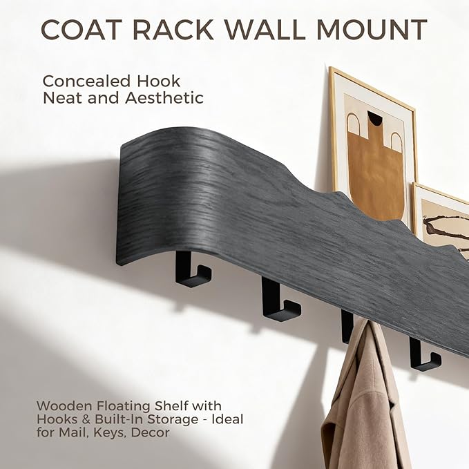 Wall Coat Rack Floating Shelves Modern Coat Rack Wall Mount with Storage Entryway Shelf Wooden Hanger 20 Inch 4 Hidden Metal Hooks for Living Room Bedroom (Wavy Black, 8 Hooks)