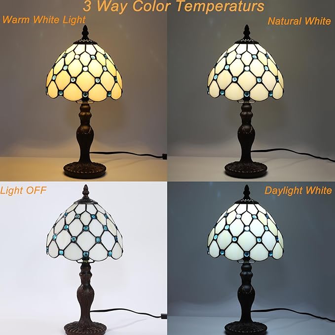 Tiffany Table Lamp for Bedroom Bedside Nightstand Living Room Table Lamps,3-Way Color Temperatures LED Stained Glass Side Small Table Lamps,8X8X14.5 Home Office Reading Desk Lights