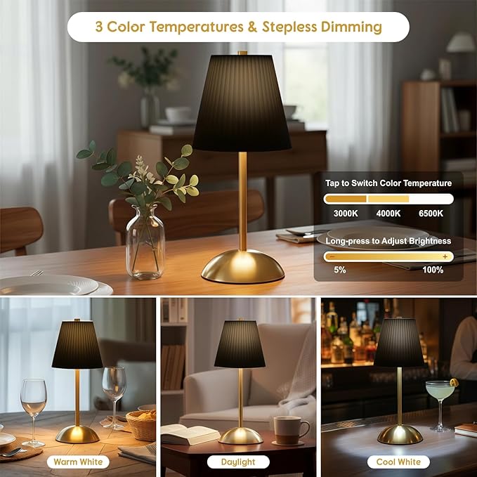 2-Pack Rechargeable Cordless Table Lamps, 3CCT & Stepless Dimming, LED Wireless Lamp with Touch Control for Bedside Nightstand, Dining Table, Outdoor Patio Use, 12 * 5 Inches (Black)