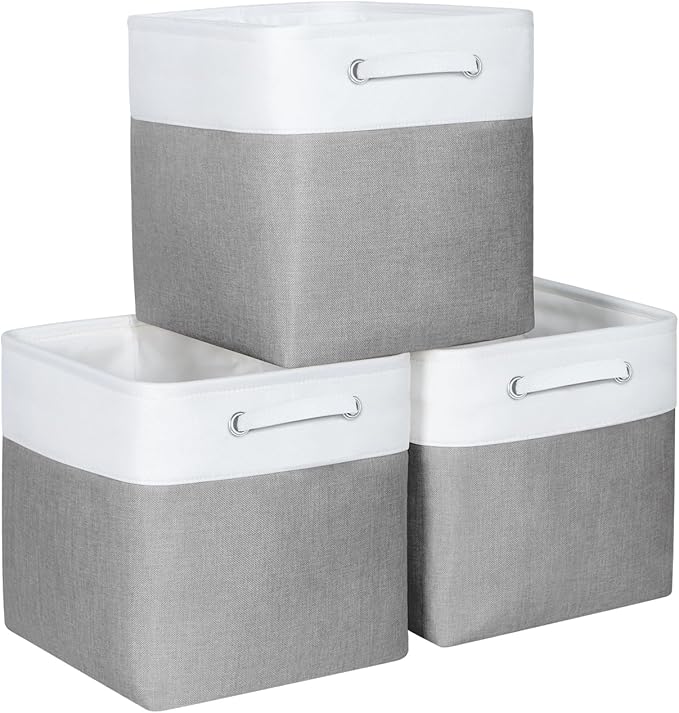 Kntiwiwo Cube Storage Bins 12 x 12 x 12 inch Storage Organizer Bins Storage Collapsible Basket with Dual Carry Handles for Home Closet Shelves Drawers, Set of 3, Grey