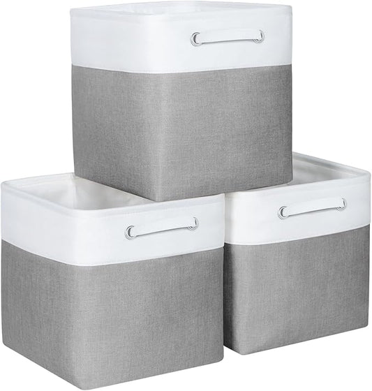 Kntiwiwo Cube Storage Bins 12 x 12 x 12 inch Storage Organizer Bins Storage Collapsible Basket with Dual Carry Handles for Home Closet Shelves Drawers, Set of 3, Grey