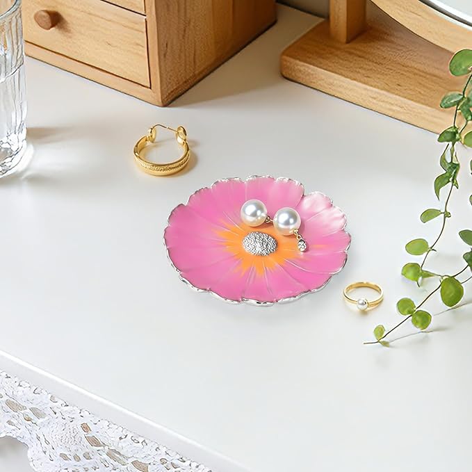 LARAINE Jewelry Dish Display Trinket Tray Flower Home Decorative Organizer Gift Necklace Earring Rings Holder Storage 3.15" (Pink)