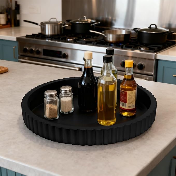 Decorative Tray for Coffee Table, 12'' Resin Modern Decorative Tray for Home Decor, Elegant Table Centerpiece Black Round Fluted Serving Vanity Tray for Bathroom Kitchen Living Room Decor