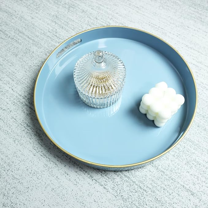 Spsyrine Round Blue Decorative Tray, 13" Plastic Serving Table Tray with Handles for Breakfast, Ottoman, Coffee Table, Bathroom, Kitchen, Living Room