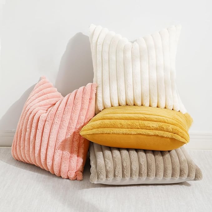 decorUhome Faux Fur Spring Throw Pillow Covers 12x20 Set of 2 Decorative Soft Plush Striped Lumbar Neutral Couch Pillow Covers with Velvet Back for Sofa Bed Living Room Home Valentines, Blush Pink