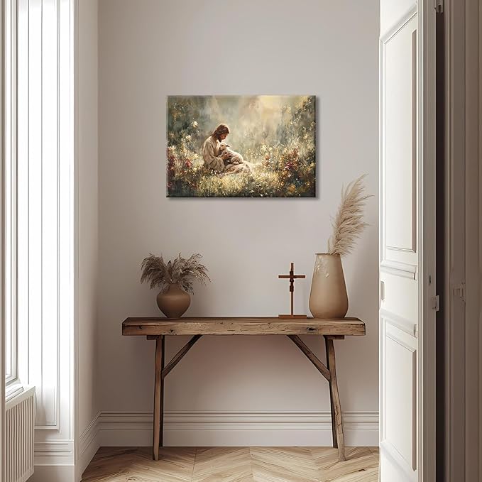 Jesus and Lamb Canvas Wall Art Jesus Holding The Lost Lamb Wall Decor Good Shepherd Poster God Leaves the 99 Sheep Pictures Christian Religious Painting for Living Room Church Prayer Room 16x12in