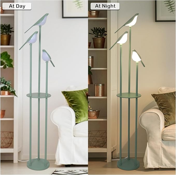 Artmooy Bird Floor Lamp for Bedroom, Green Standing Lamps for Living Room, Corner Tall Lamp with Table, 3-Lights Vintage Floor Lamp, Modern Stand Up Lamp for Office, Girls Room, Unique Bird Lamps