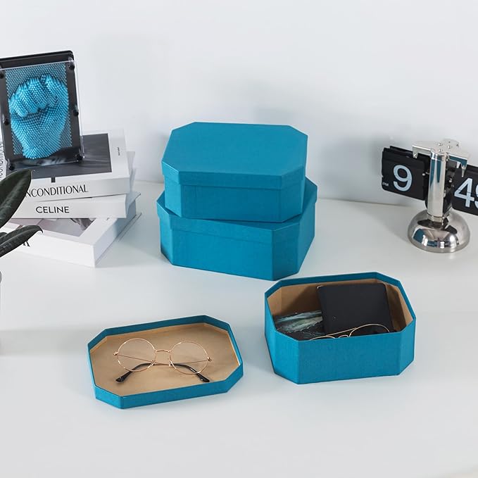 Soul & Lane Octagon Textured Decorative Storage Boxes in Blue, Set of 3 Nesting Durable Cardboard Memory Boxes for Keepsakes, Gifts, Organizing, and Home Decor