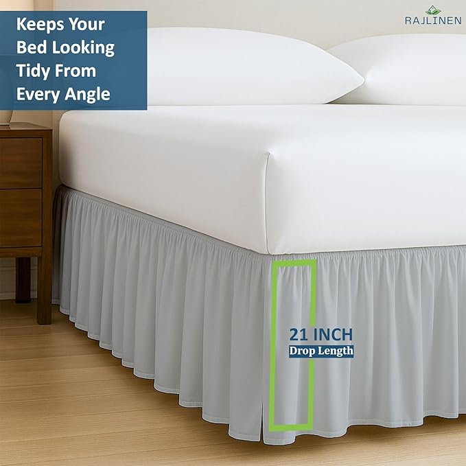 Rajlinen Ruffled Bed Skirt Full XL, 21 Inch Drop Dust Ruffle with Split Corners, 100% Microfiber Bedskirt with Platform, Three-Sided Coverage Ruffled Gathering Design, Light Grey