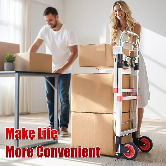 3 in 1 Aluminum Folding Hand Truck Dolly Cart with Wheels 600 Lbs Capacity Collapsible Heavy Duty Convertible Trolley with Retractable Handle for Moving Home Warehouse Office Camping (Red)