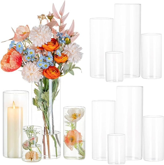 Glasseam Cylinder Glass Vases for Centerpieces: 12 Pack Clear Flower Vase Bulk 4" 6" 8" 10" Hurricane Floating Pillar Candle Holder - Modern Centerpiece for Wedding Dining Home Table Decor