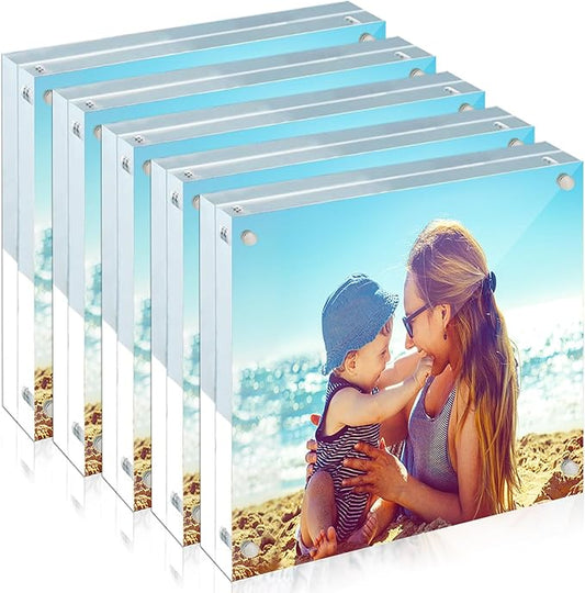 HELPLEX 5 Pack 4x4 Acrylic Picture Frames, 20mm Thicker Frameless Clear Frame Double Sided Magnetic Frame, Free Standing Desktop Display Stand Acrylic Frames