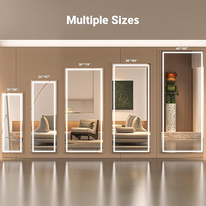 Full Length Mirror with Lights, 56" x 18" LED Lighted Floor Standing Body Mirror, Dimmable & 3 Color Lighting for Bedroom, Cloakroom, Dressing Room, Tempered Glass, Square Black