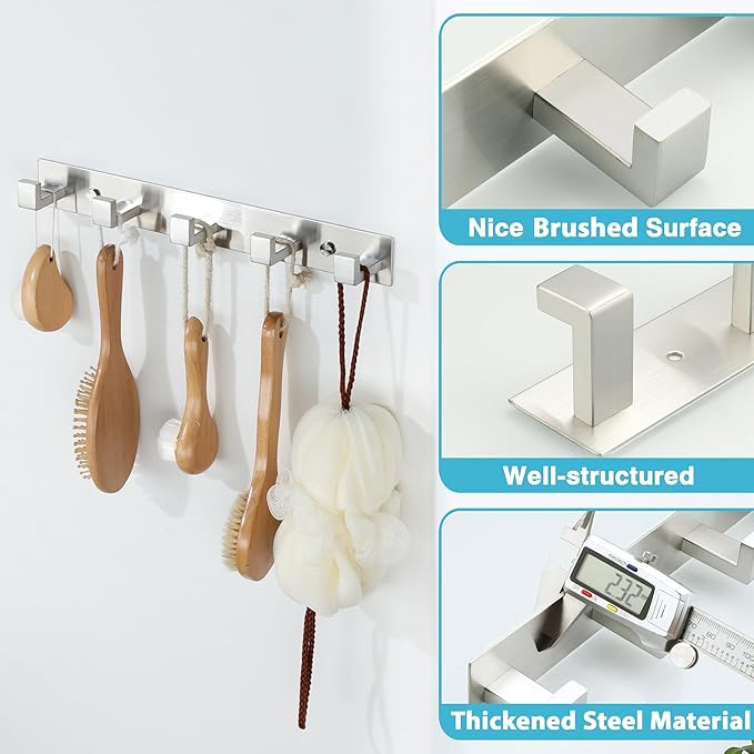 Alise Coat Hooks Wall Mount,Hat and Coat Rack with 5 Hooks Wall Mount Key Hooks for Robes,Bags,Keys,and Towels,SUS304 Stainless Steel Wall Hooks for Hanging,Self Adhesive or Drilling,Brushed