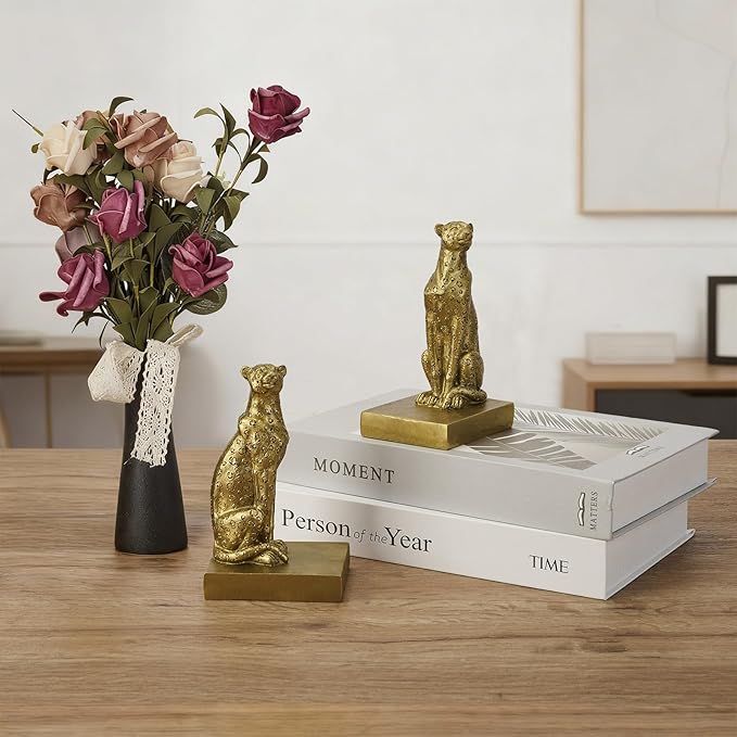 Gold Cheetah Bookends, Book Ends for Shelves to Hold Books Heavy Duty, Creative Resin Book Holders for Home Farmhouse Shelves Office Lover Gift