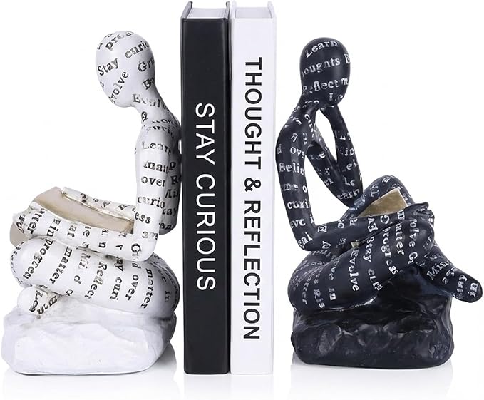 Heavy Duty Book Ends for Shelves, Thinker Decorative Bookends for Heavy Books, Book Stoppers to Hold Books, Weighted Black and White Bookends Set of 2, Non Slip Pads, Bookshelf Accessories