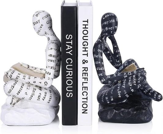 Heavy Duty Book Ends for Shelves, Thinker Decorative Bookends for Heavy Books, Book Stoppers to Hold Books, Weighted Black and White Bookends Set of 2, Non Slip Pads, Bookshelf Accessories