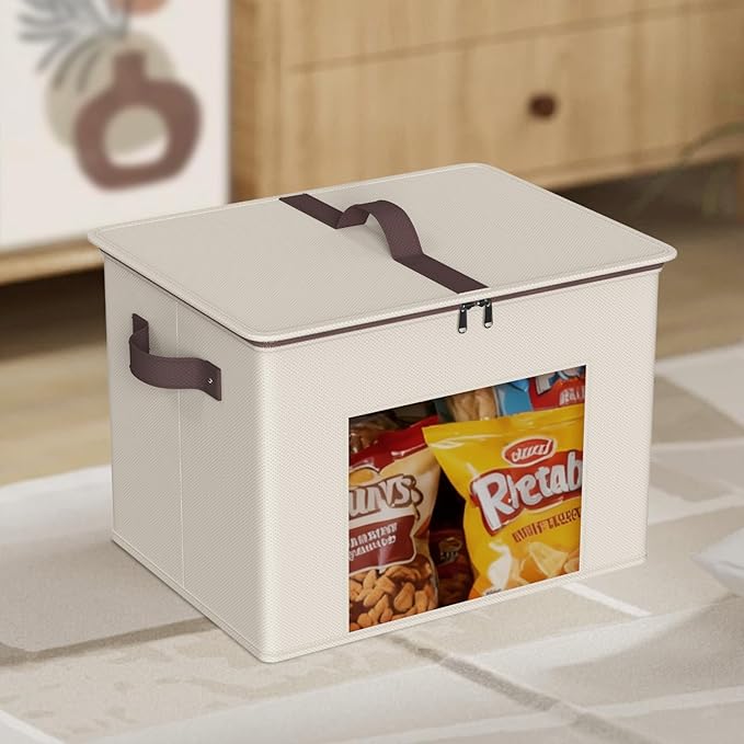 Zilink Fabric Storage Bins with Lid 4-Pack Stackable Cloth Storage Bins Sweater Organizer with Zipper & Clear Window Closet Organizers and Storage Box for Home, Office, Bedroom (Beige,17" x 12" x 12")