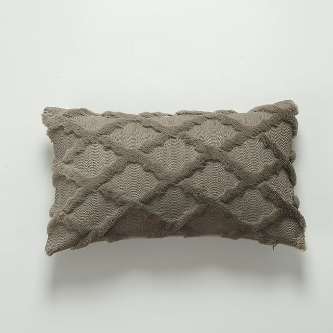 EMMTEEY Boho 12X20 Pillow Covers Set of 2 - Fluffy Stripe Single-Sided Embroidery with Soft Faux Fur, Boho Décor Pillow Case for Couch, Sofa Bedroom, Dark Brown