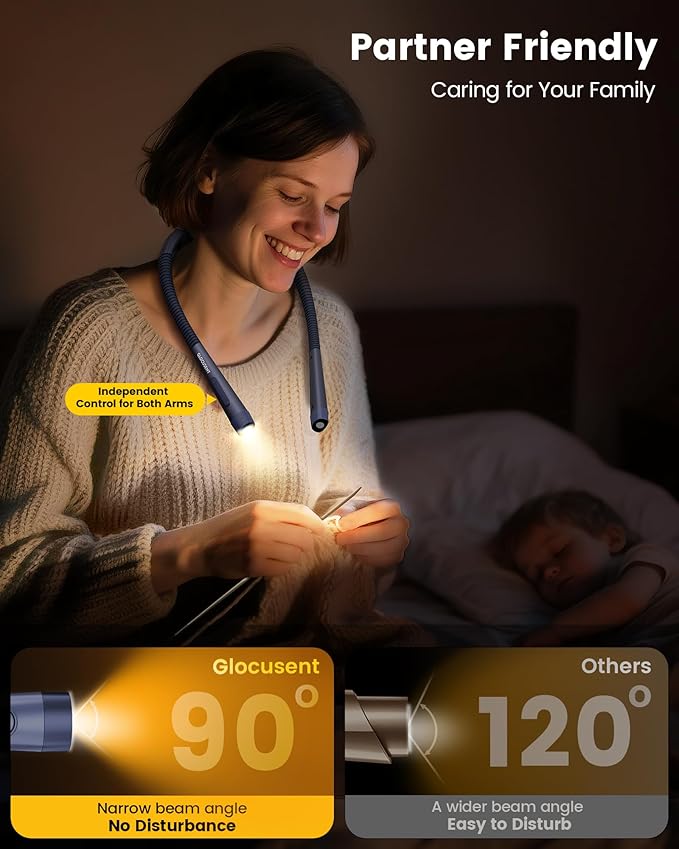 Glocusent Ergonomic Reading Light, 1600mAh Rechargeable Book Light for 100 Hrs - 3 Colors & 5 Brightness, Neck Light with Timers, Sleep Aid & Travel Lock, Perfect for Reading, Knitting & Craft