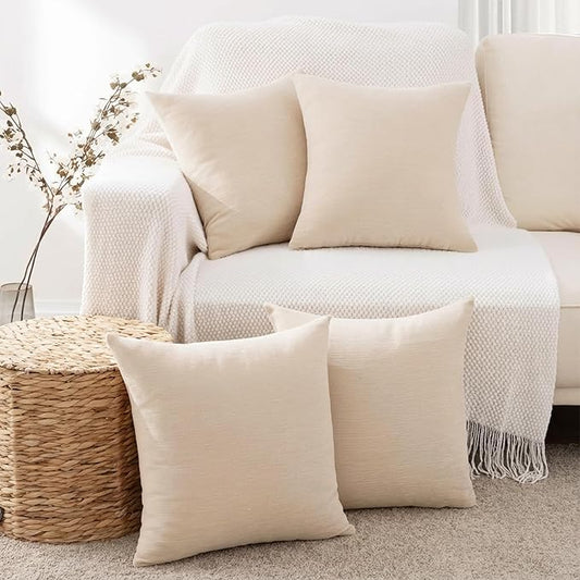 Set of 4 Khaki Throw Pillow Covers 18x18 Inch, Neutral Boho Farmhouse Aesthetic Decorative Pillow Cases for Couch, Sofa, Living Room & Bed, Soft Chenille Pillow Cases, Stylish Home Decor, 45x45 cm