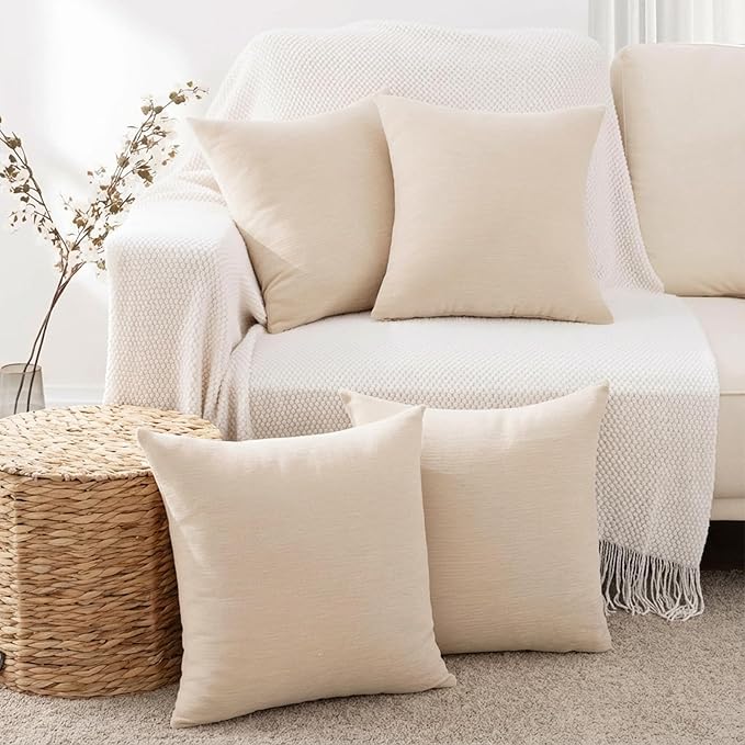 Set of 4 Khaki Throw Pillow Covers 24x24 Inch, Neutral Boho Farmhouse Aesthetic Decorative Pillow Cases for Couch, Sofa, Living Room & Bed, Soft Chenille Pillow Cases, Stylish Home Decor, 60x60 cm