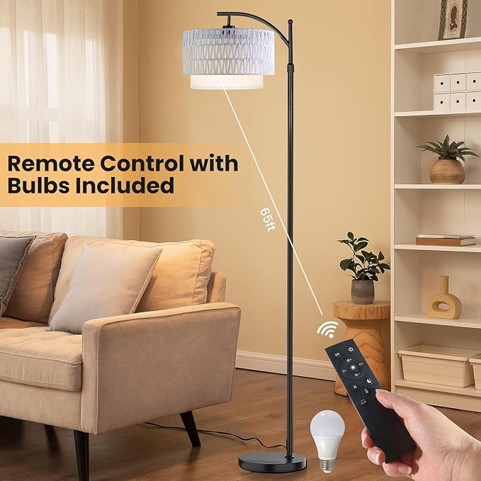 Yusist Arc Floor Lamp for Living Room,Farmhouse Floor Lamps with Remote Control & Dimmable Bulb,White Rattan Boho Tall Standing Lamp for Bedroom Office